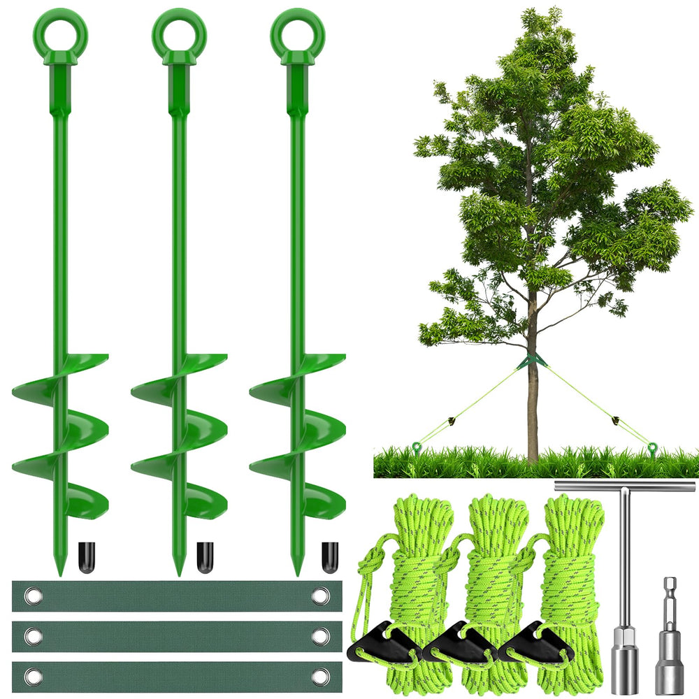 GrowGlow front packaging showing three green 18-inch spiral stakes and accessories for durable anchoring