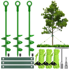 GrowGlow front packaging showing three green 18-inch spiral stakes and accessories for durable anchoring