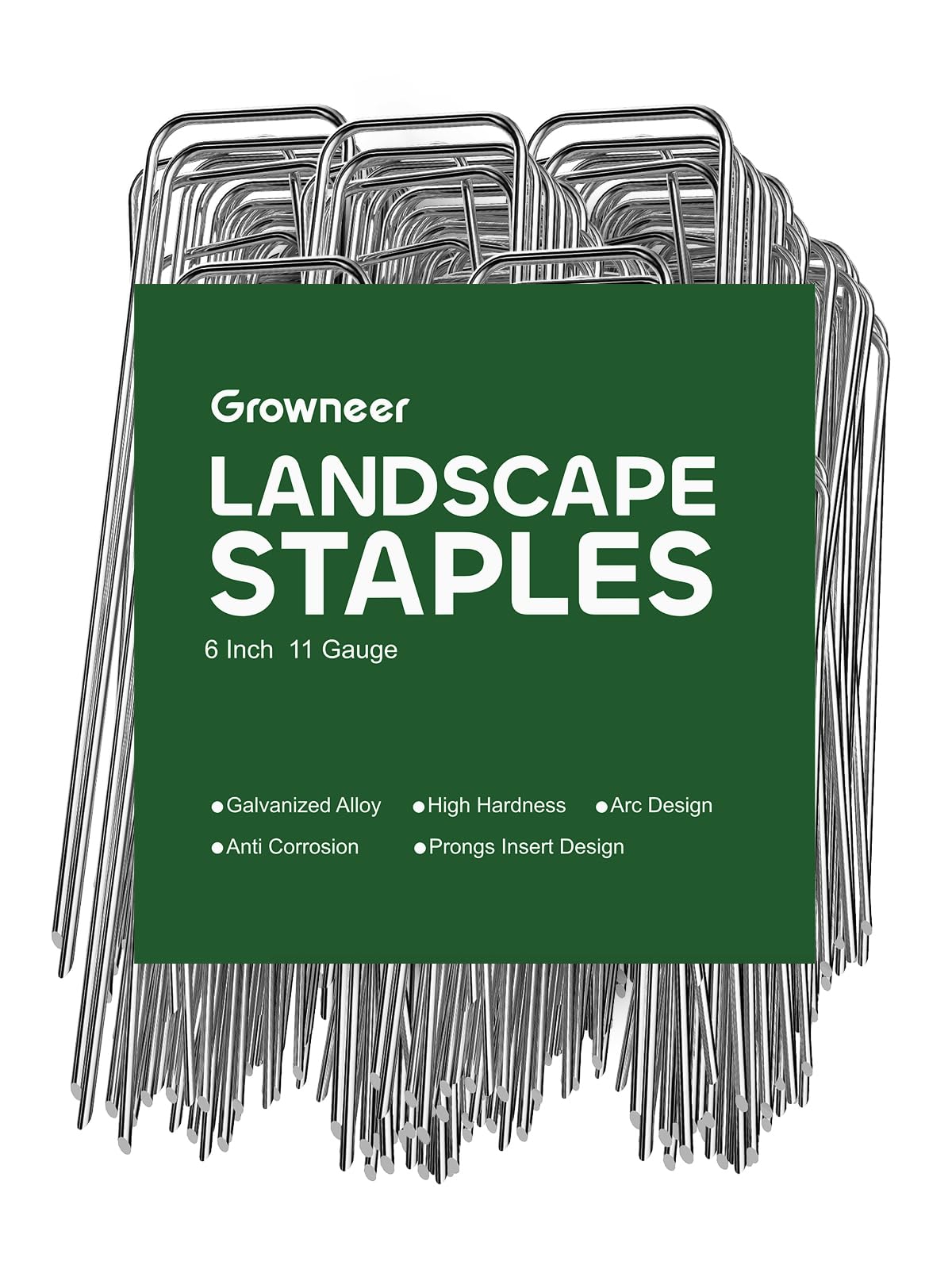GROWNEER front pack showing 500 landscape staples, convenient bulk supply
