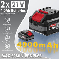 GROWORT two 21V 4.0Ah batteries and fast charger showing extended runtime benefit