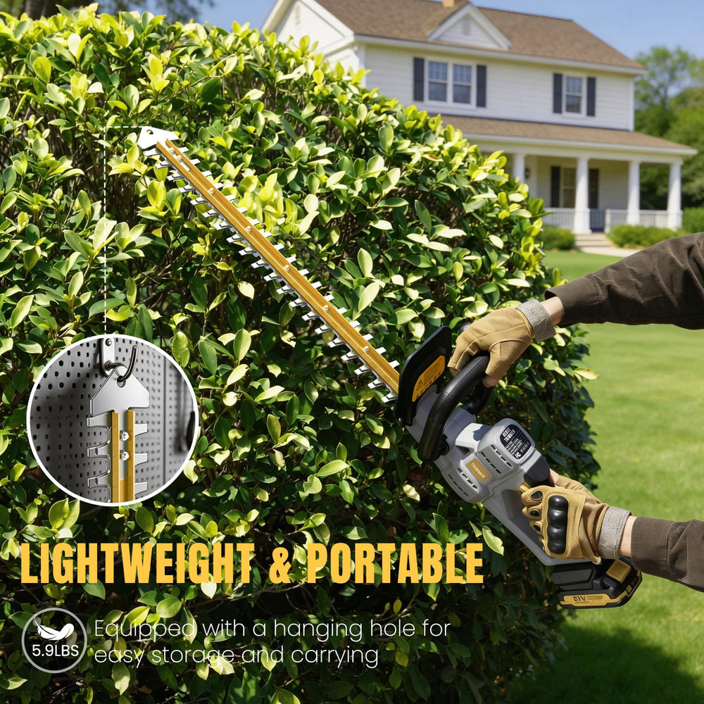 GROWORT trimmer in use cutting a hedge showing cordless mobility and neat results benefit