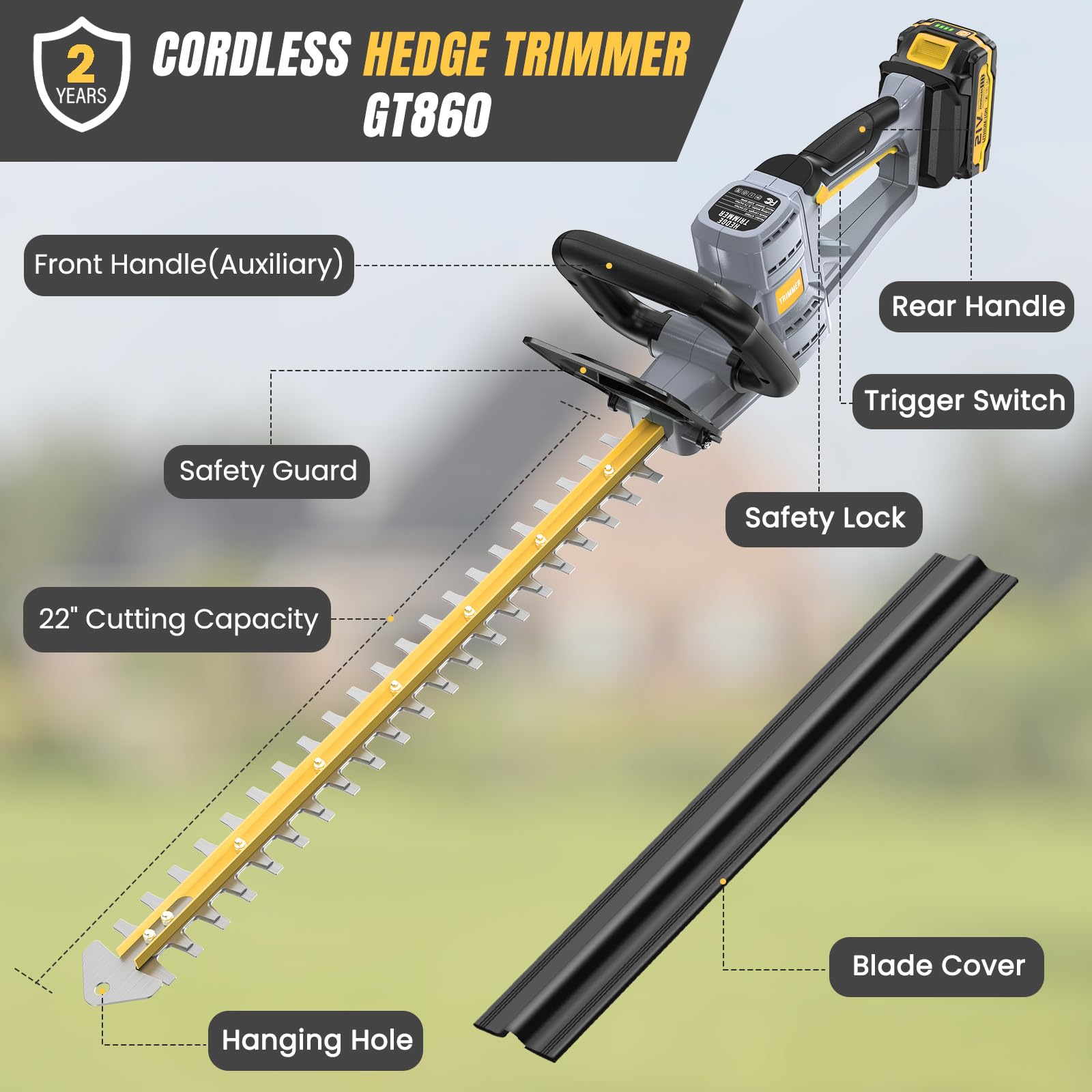 GROWORT trimmer next to a ruler showing 22-inch blade scale and professional-sized capacity benefit