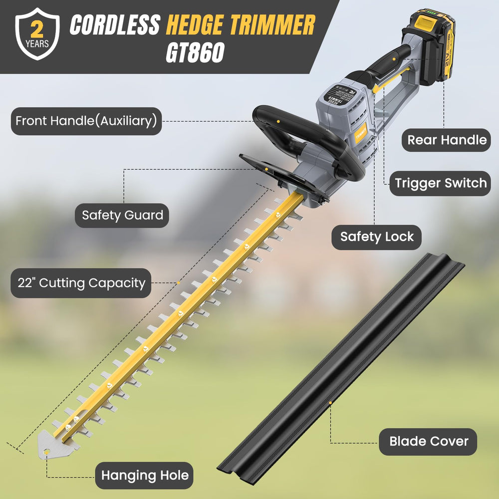 GROWORT trimmer next to a ruler showing 22-inch blade scale and professional-sized capacity benefit