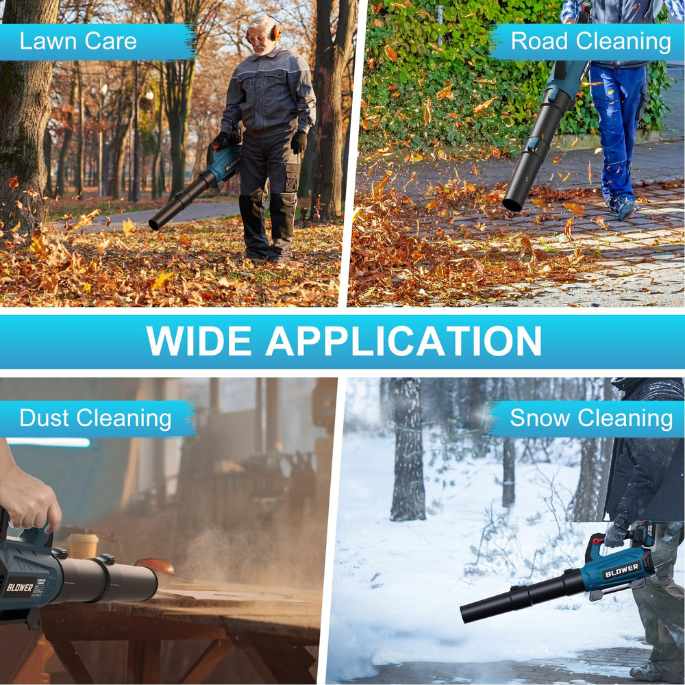 GROWORT blower in use clearing leaves to speed yard cleanup