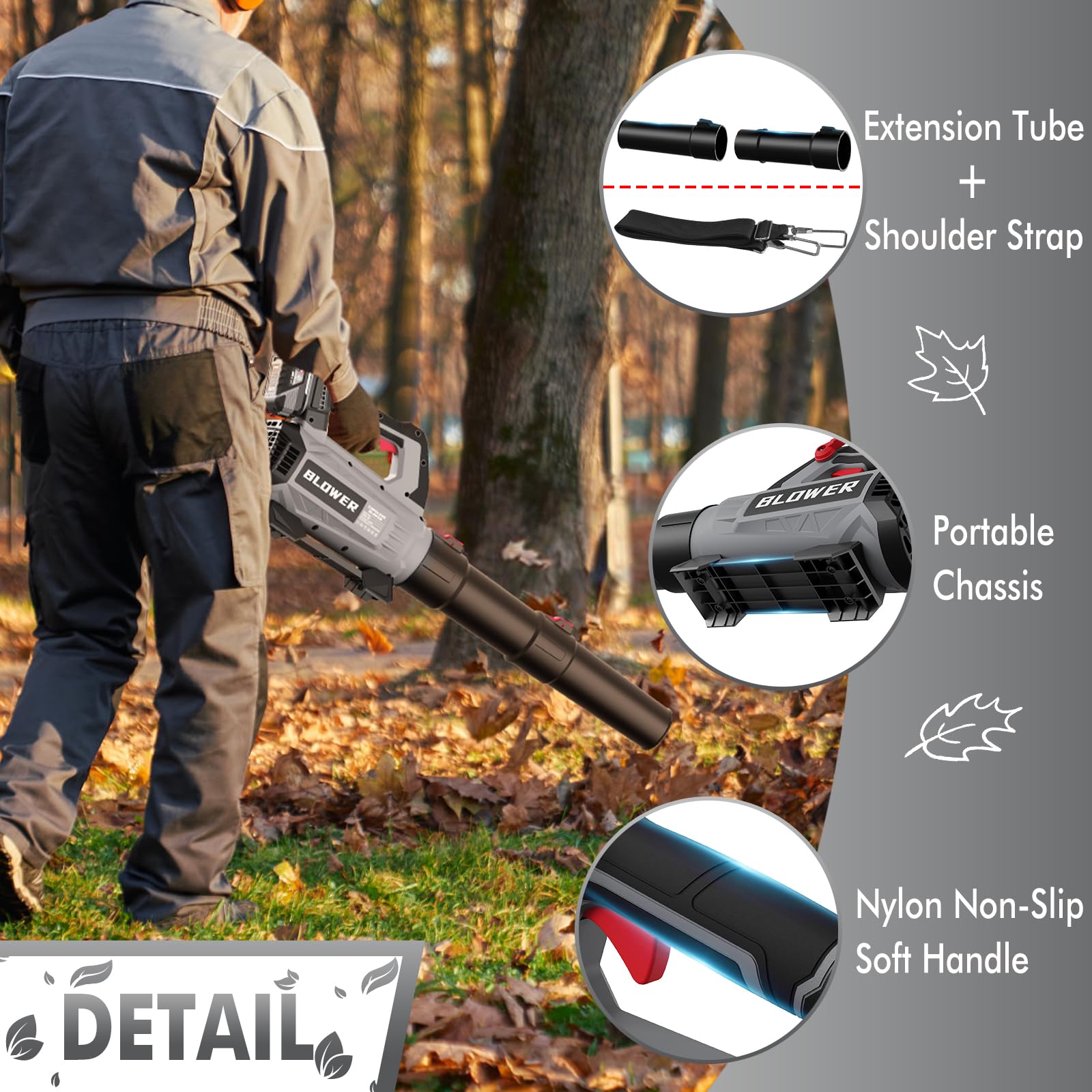 GROWORT nozzle blowing leaves on driveway showing efficient debris clearing benefit