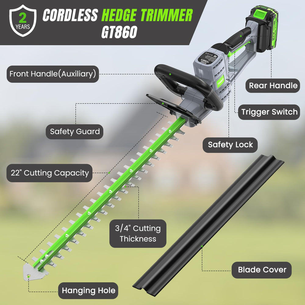 GROWORT hedge trimmer beside a garden rake showing lightweight scale advantage