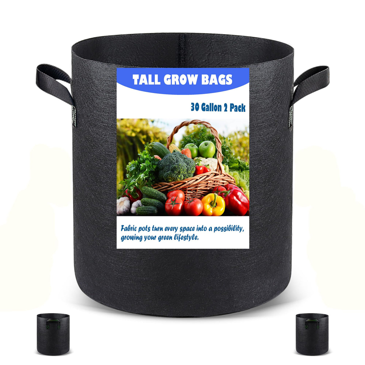 Growpropel front view of two 30 gallon grow bags showing deep capacity and space