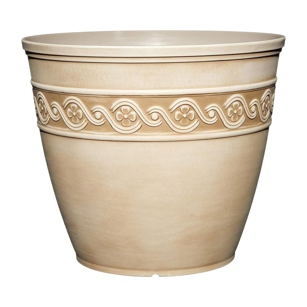 GROWSCAPE front view of desert tan Corinthian planter showcasing classic shape and curb appeal