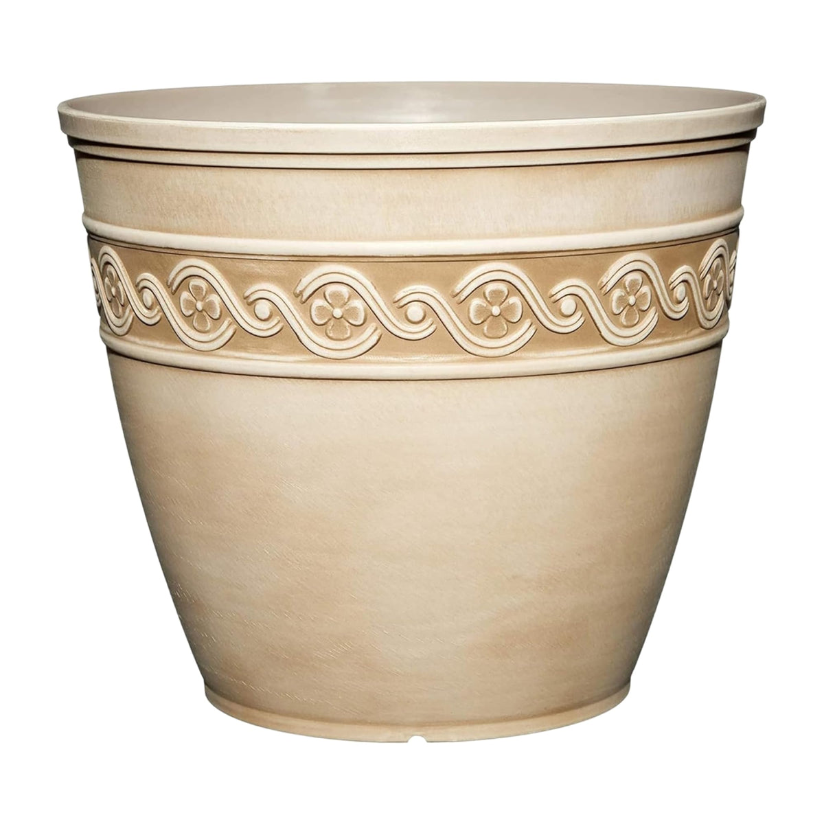 GROWSCAPE front view of desert tan Corinthian planter showcasing classic shape and curb appeal