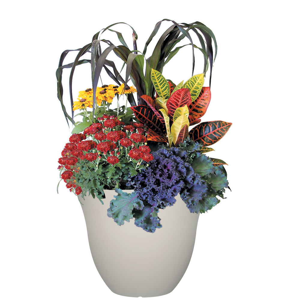 GROWSCAPE planter planted with mixed flowers on patio demonstrating portability and curb appeal