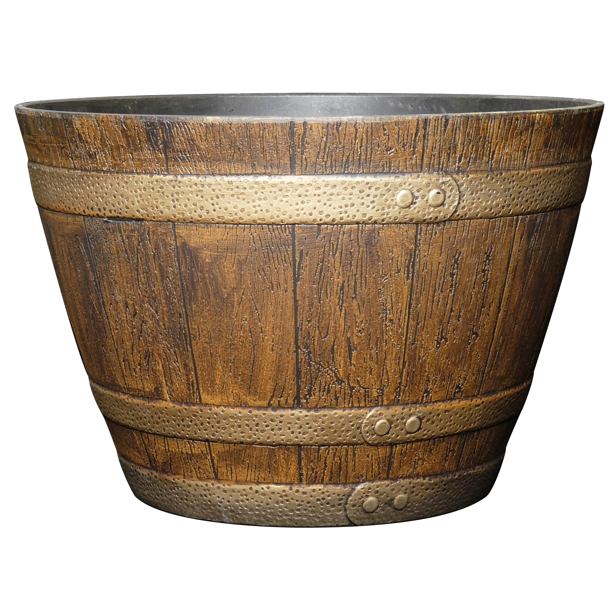 GROWSCAPE Jameson barrel front view showing vintage oak look and durable resin benefits