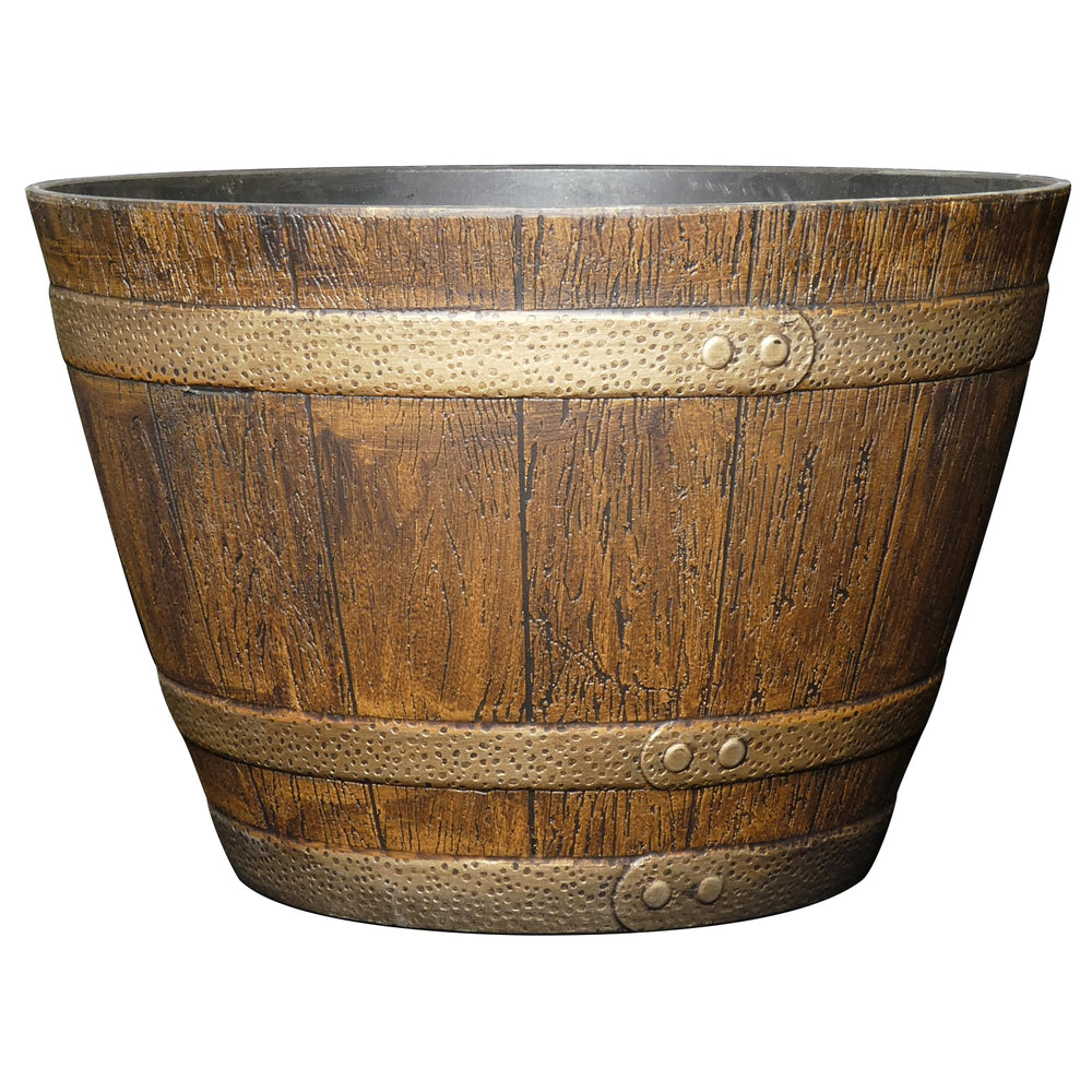 GROWSCAPE Jameson barrel front view showing vintage oak look and durable resin benefits