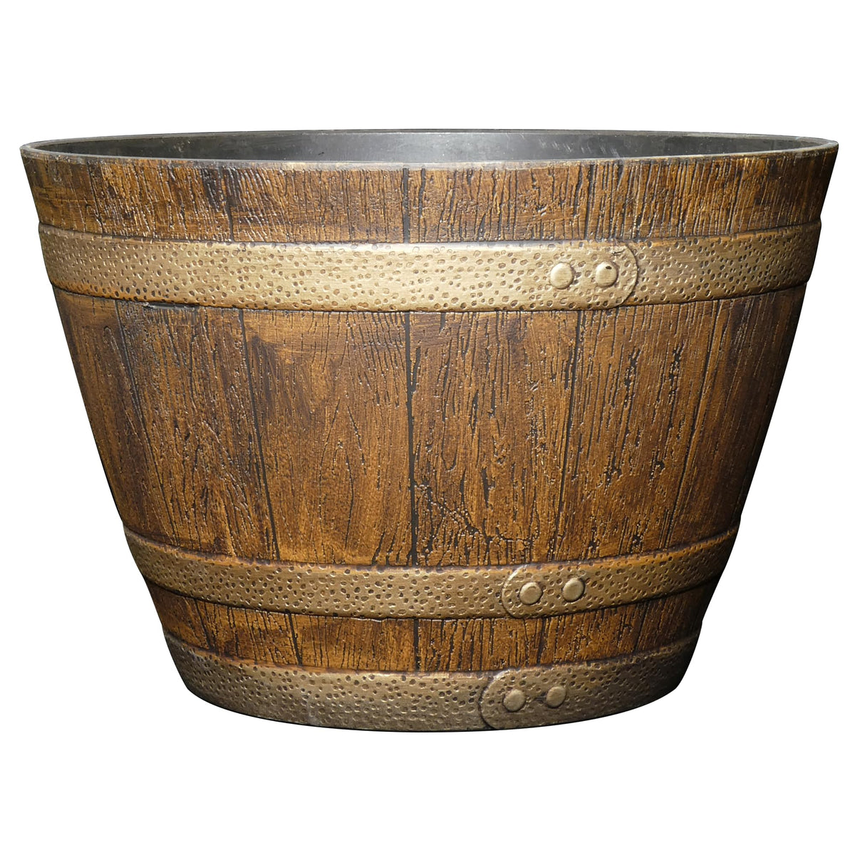 GROWSCAPE Jameson barrel front view showing vintage oak look and durable resin benefits
