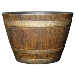 GROWSCAPE Jameson barrel front view showing vintage oak look and durable resin benefits