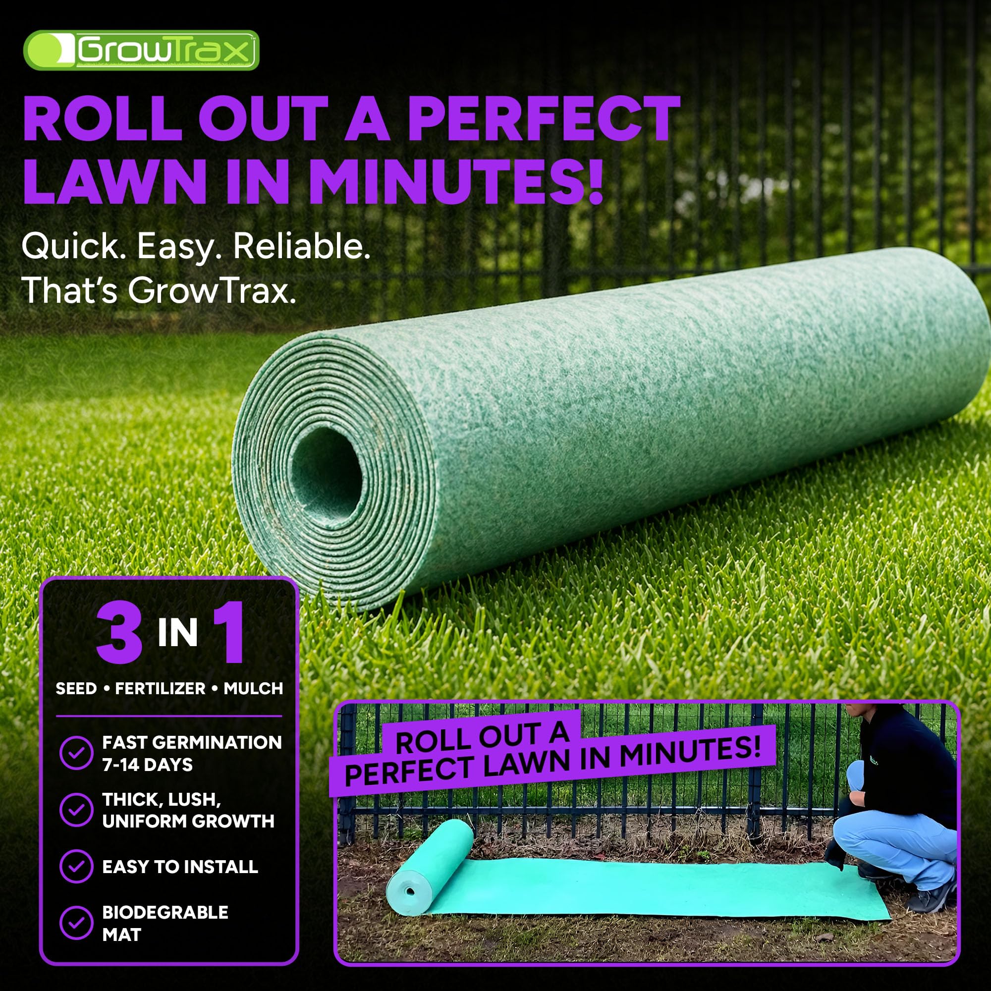 GROWTRAX roll beside measuring tape showing coverage of 200 square feet