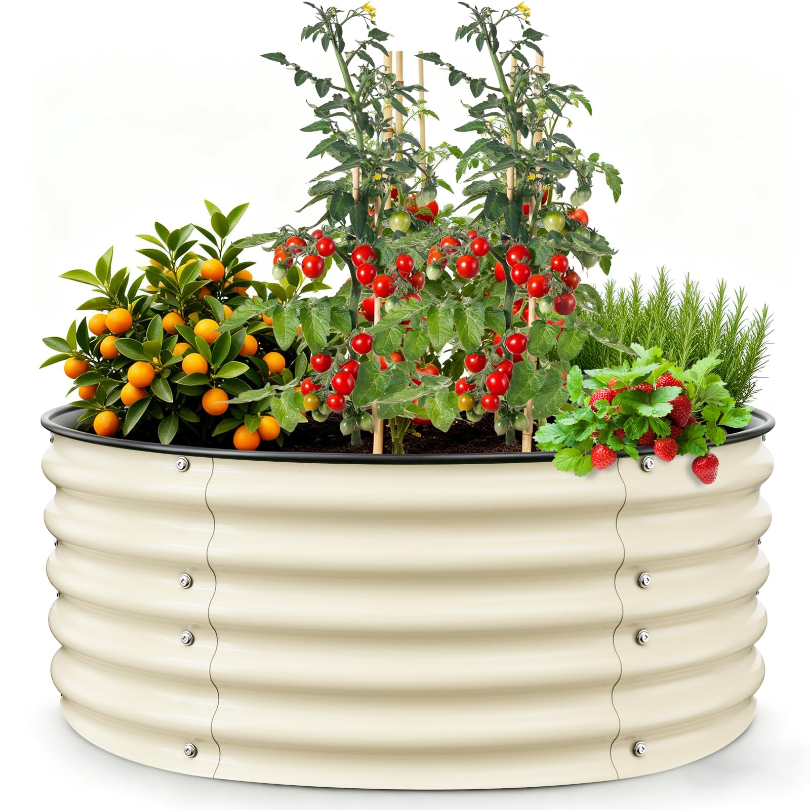Gruper front view of round galvanized planter showing sturdy construction and weather resistance