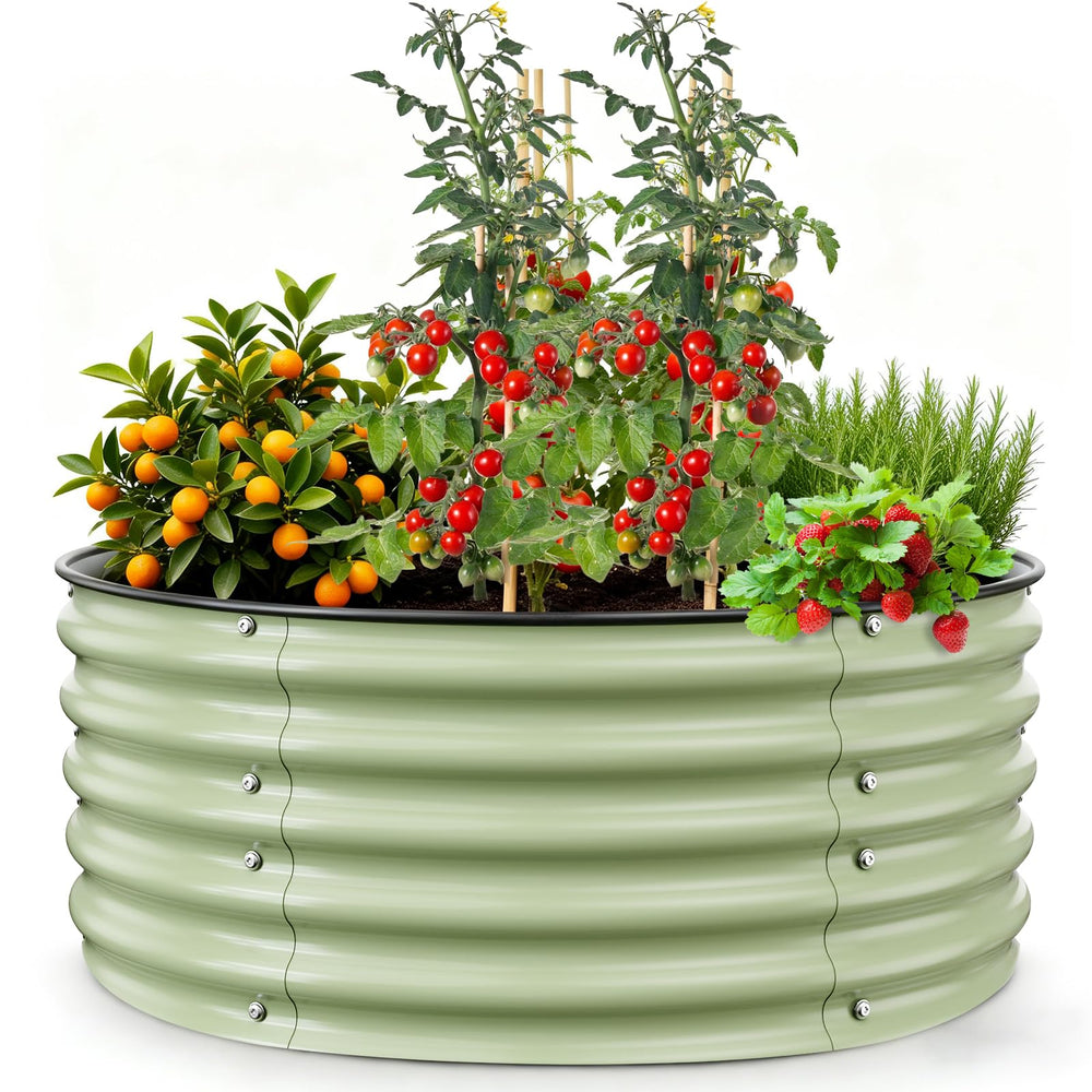 Gruper front view of round galvanized planter showing healthy plants and stability benefit