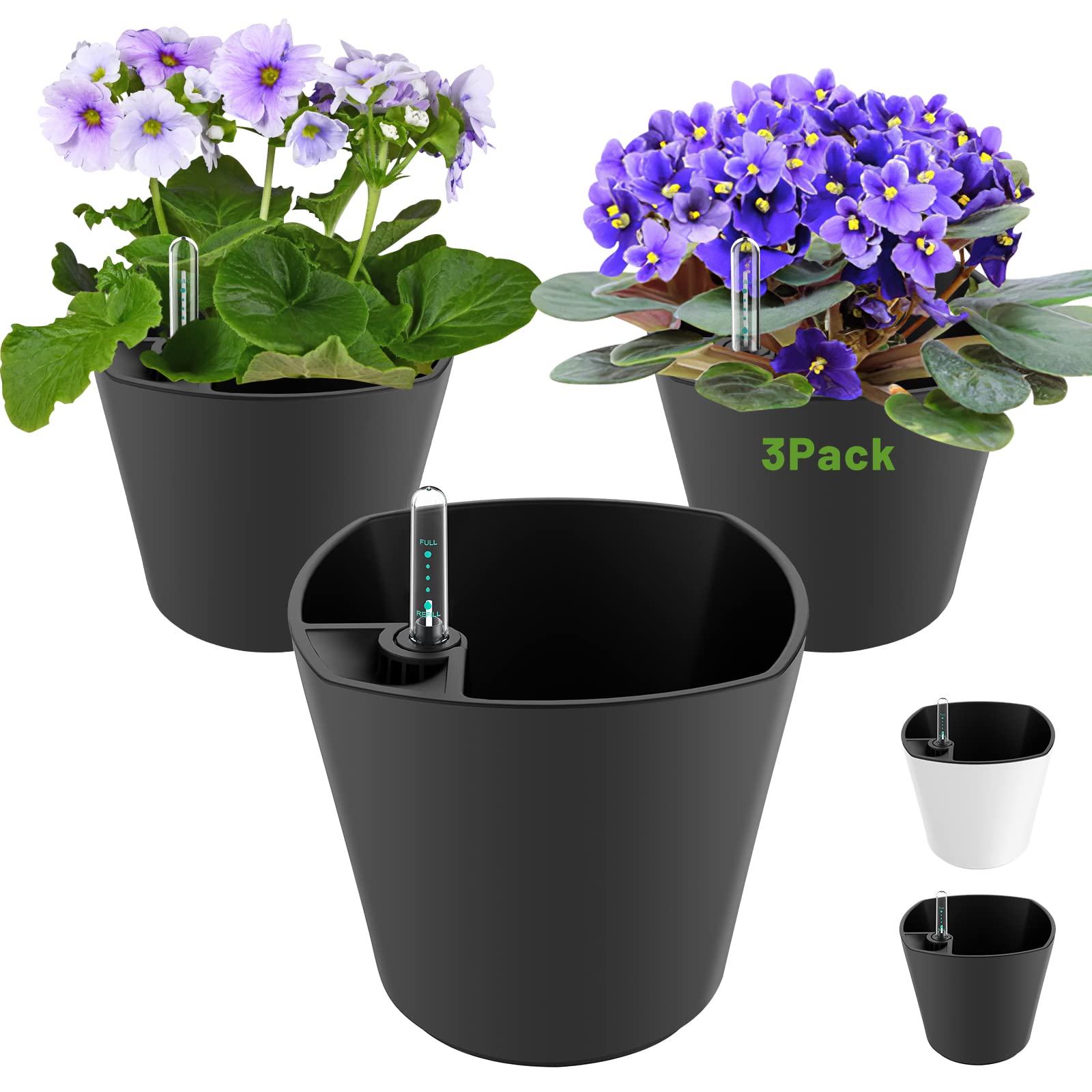 GS Garden front view of three grey self watering planters showing neat design and convenience