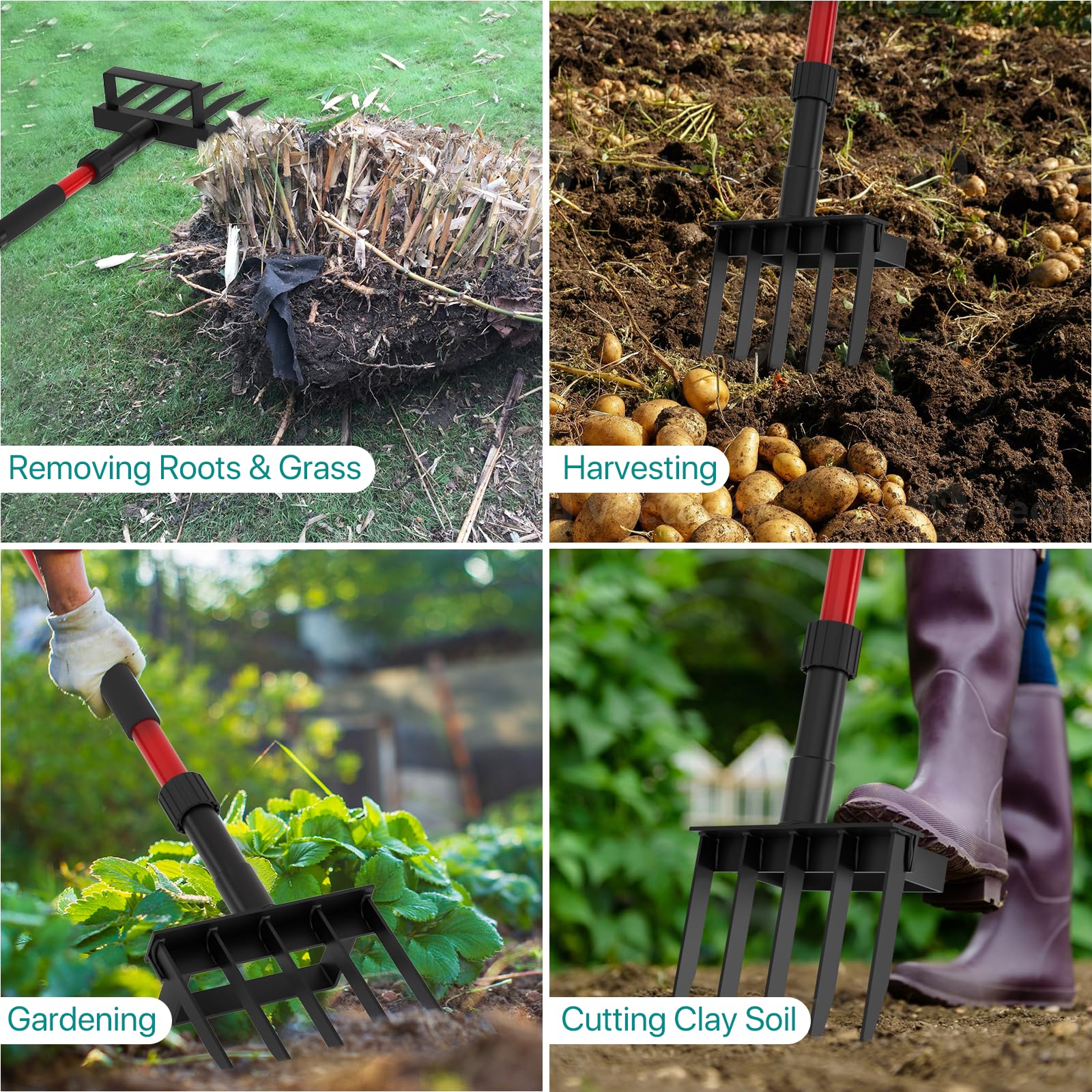 GSBLUNIE gardener using pitchfork in raised bed highlighting comfortable control and strength