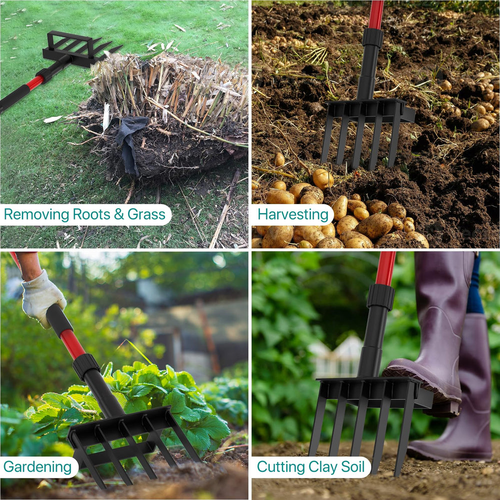 GSBLUNIE gardener using pitchfork in raised bed highlighting comfortable control and strength