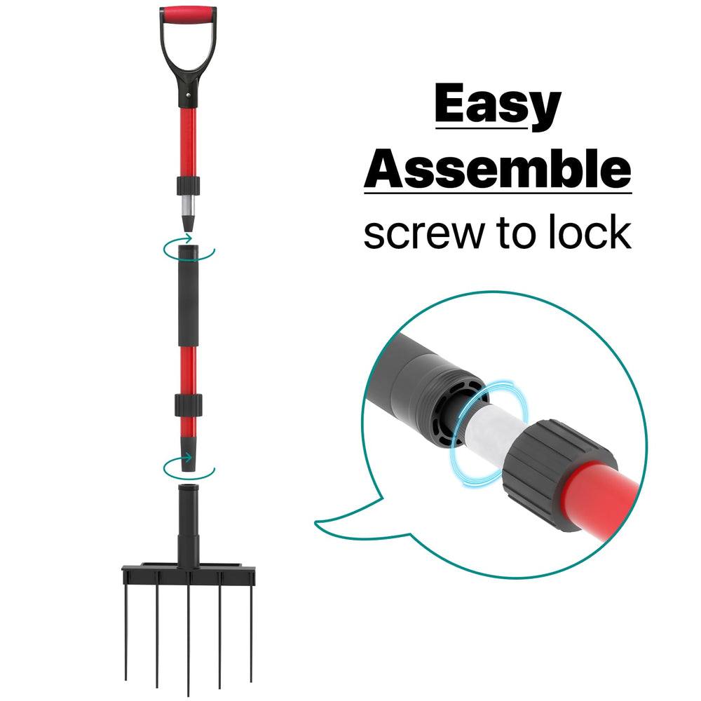 GSBLUNIE pitchfork beside a garden rake showing 41-inch scale for ergonomic use
