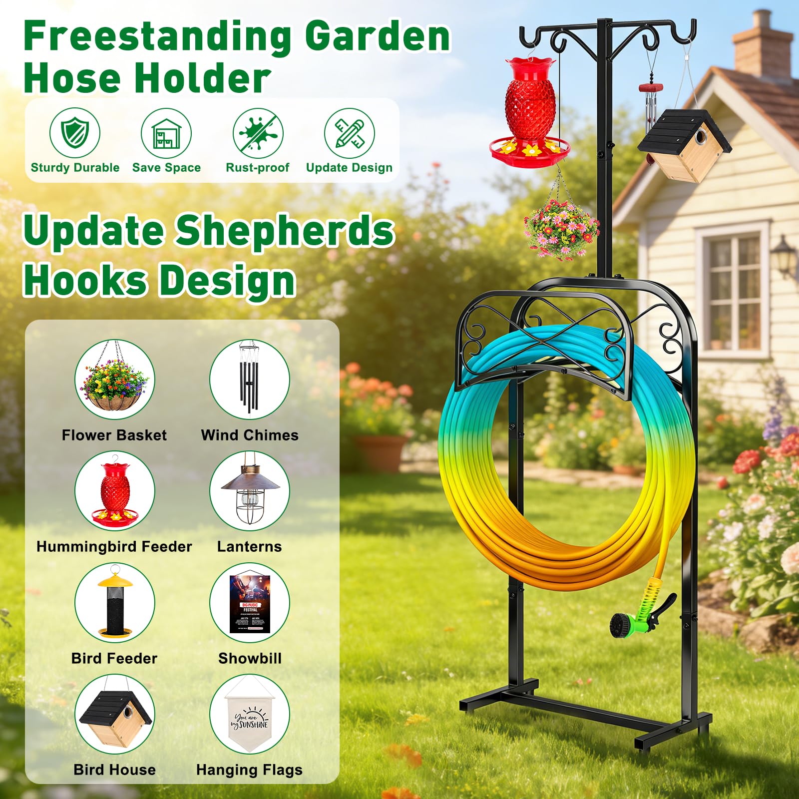 Gtongoko hose stand beside a person illustrating 70-inch height for easier hose handling