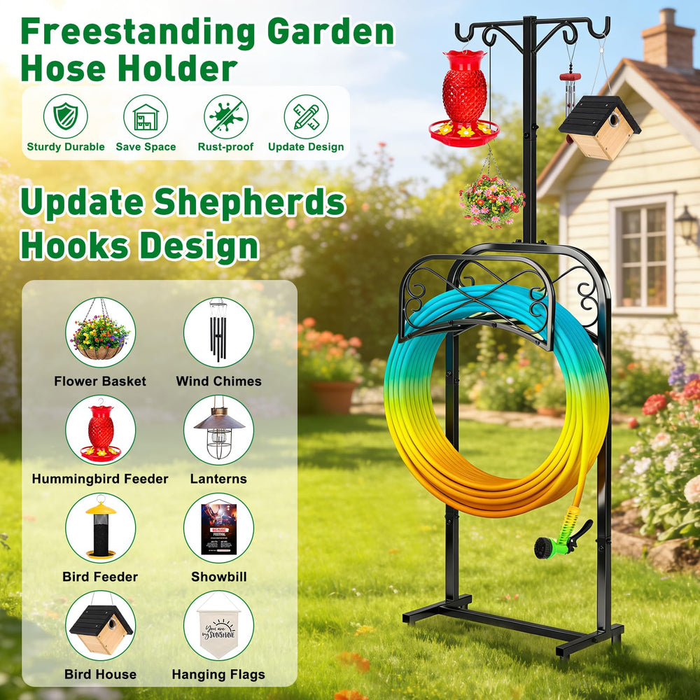 Gtongoko hose stand beside a person illustrating 70-inch height for easier hose handling