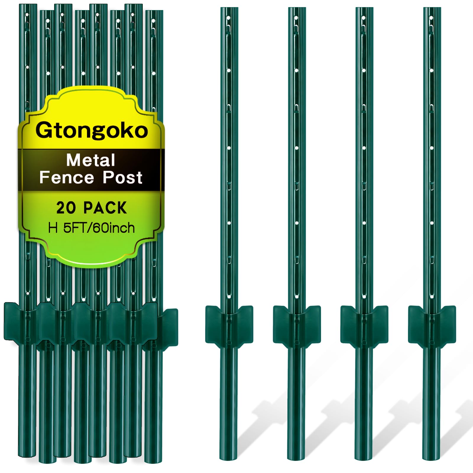 Gtongoko front view of 20-pack 5FT posts showing green finish and quantity benefit