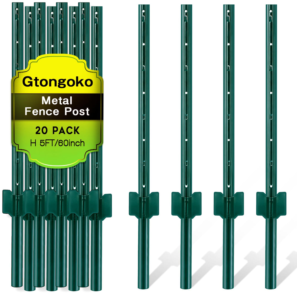Gtongoko front view of 20-pack 5FT posts showing green finish and quantity benefit