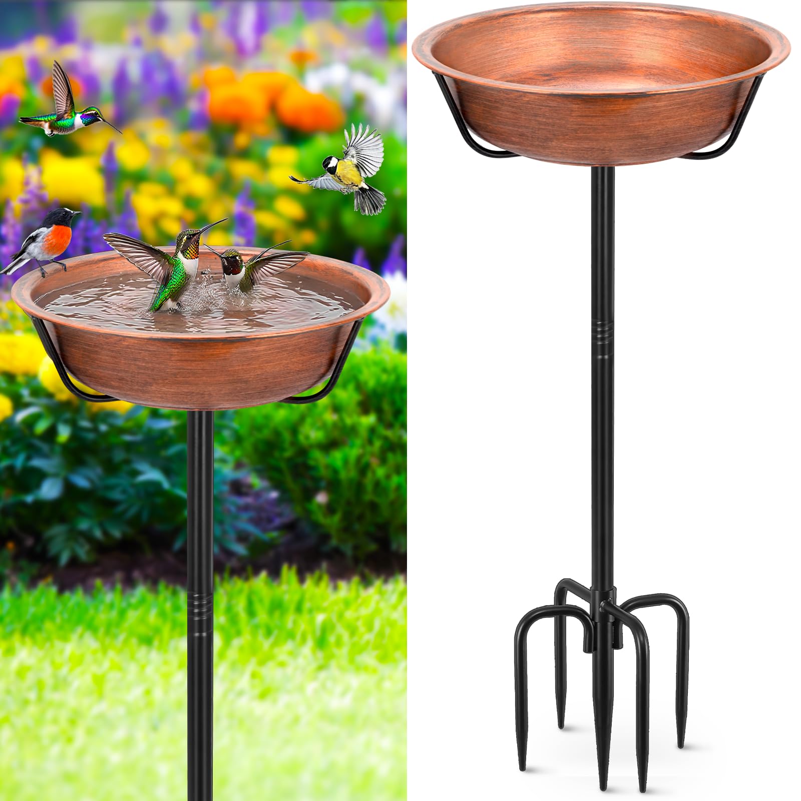 Gtongoko front view of full bird bath showing sturdy pole and bowl benefit stability