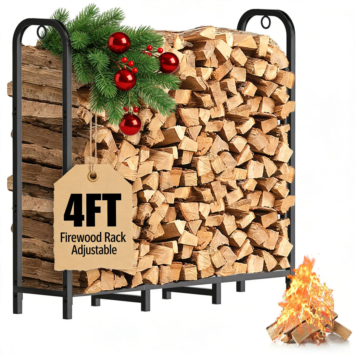 Gtongoko front view of 4ft metal firewood rack showing organized storage and durability
