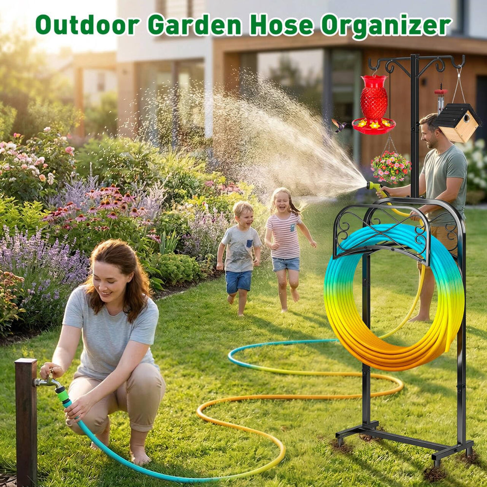Gtongoko hose wrapped around stand demonstrating 150ft capacity and neat yard organization