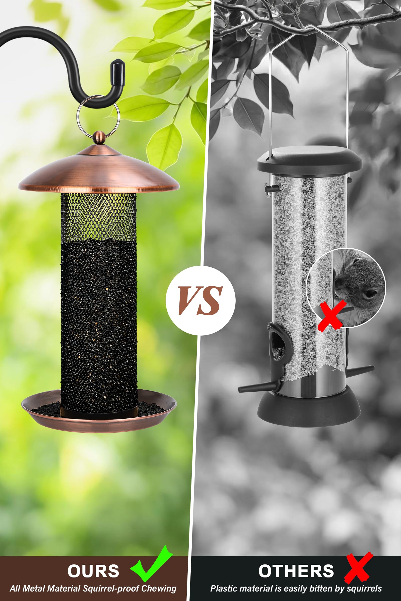 Gtongoko feeder next to 2.5 lb seed bag showing capacity and refill interval benefit