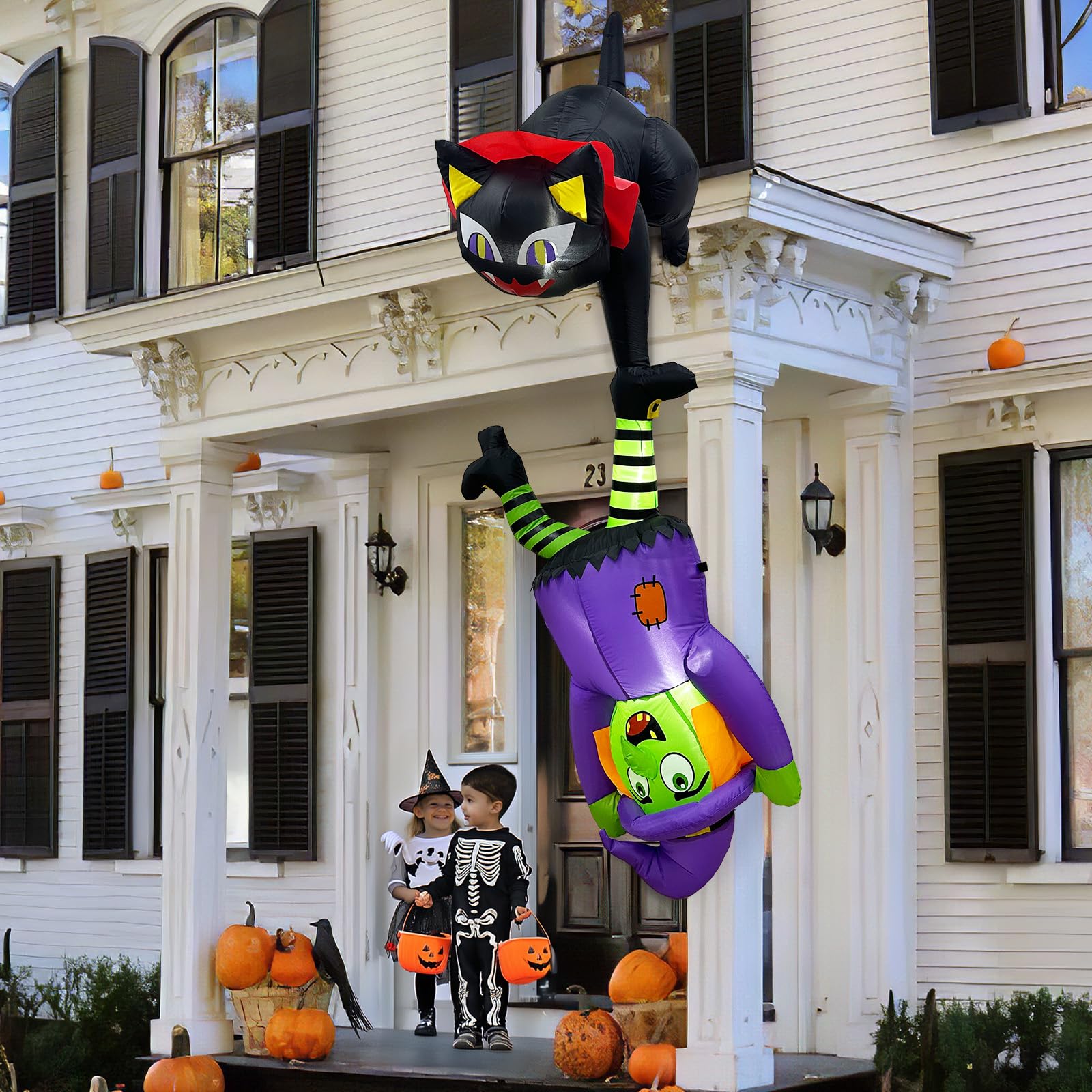 GUDELAK front view of hanging black cat and witch inflatable shows festive curb appeal