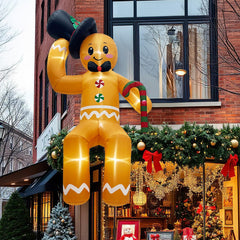 GUDELAK front view gingerbread inflatable showing festive presence and visibility
