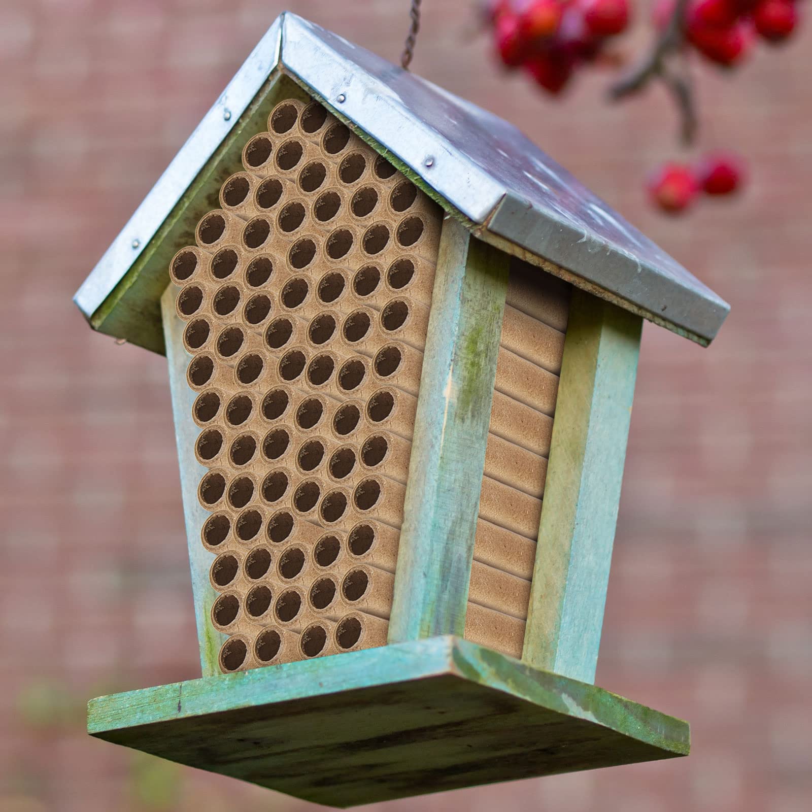 Gueevin bee hotel in orchard using tubes to boost flower pollination