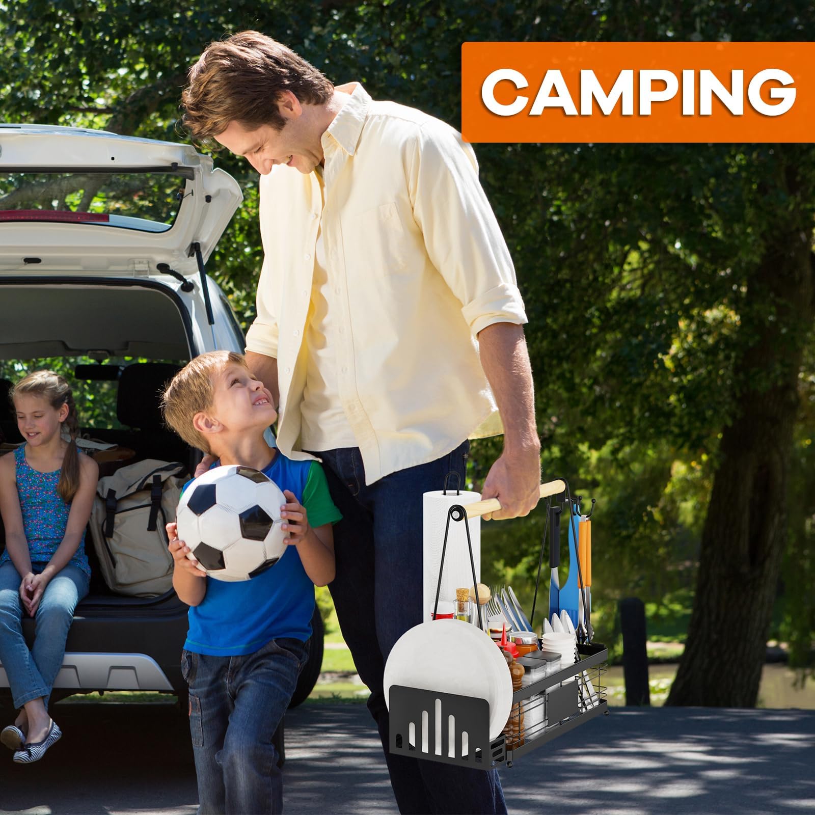 GUIBUKEYAN caddy on a campsite next to an RV showing travel-ready durability