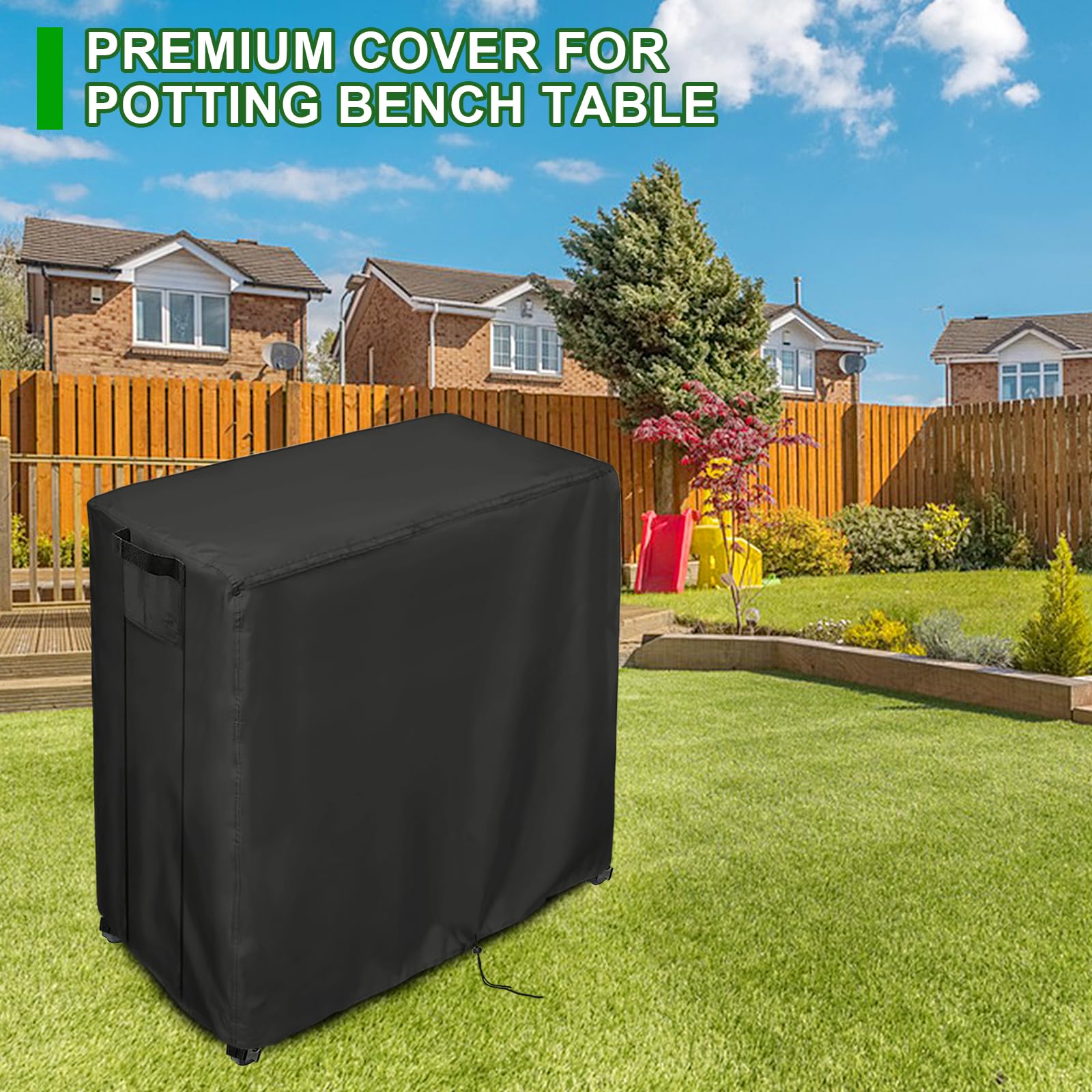 Guisong cover installed on a patio potting bench protecting tools and shelves