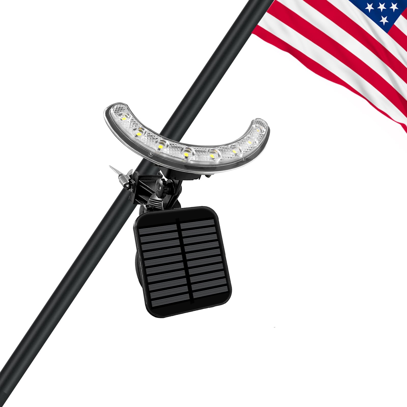 GULADUS front view showing compact LED spotlight and clamp, bright flag visibility