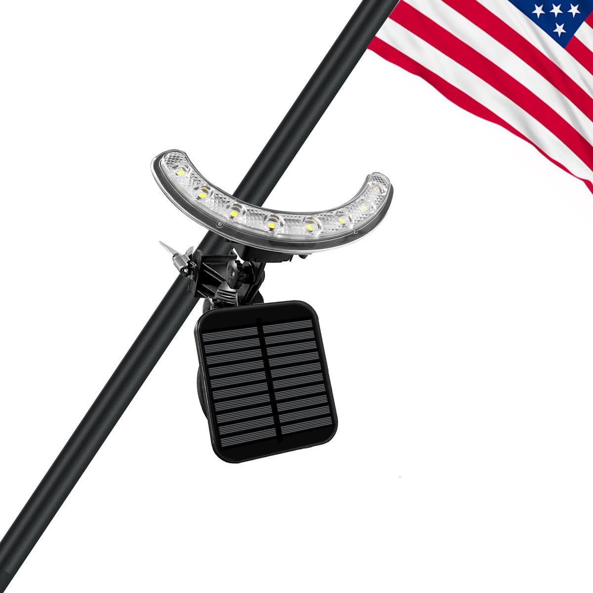 GULADUS front view showing compact LED spotlight and clamp, bright flag visibility