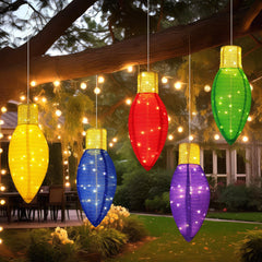 Gulfmew front view of five colorful bulb ornaments showing bright holiday appeal
