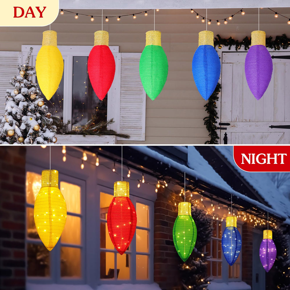 Gulfmew bulb ornaments hanging in a Christmas tree adding colorful light