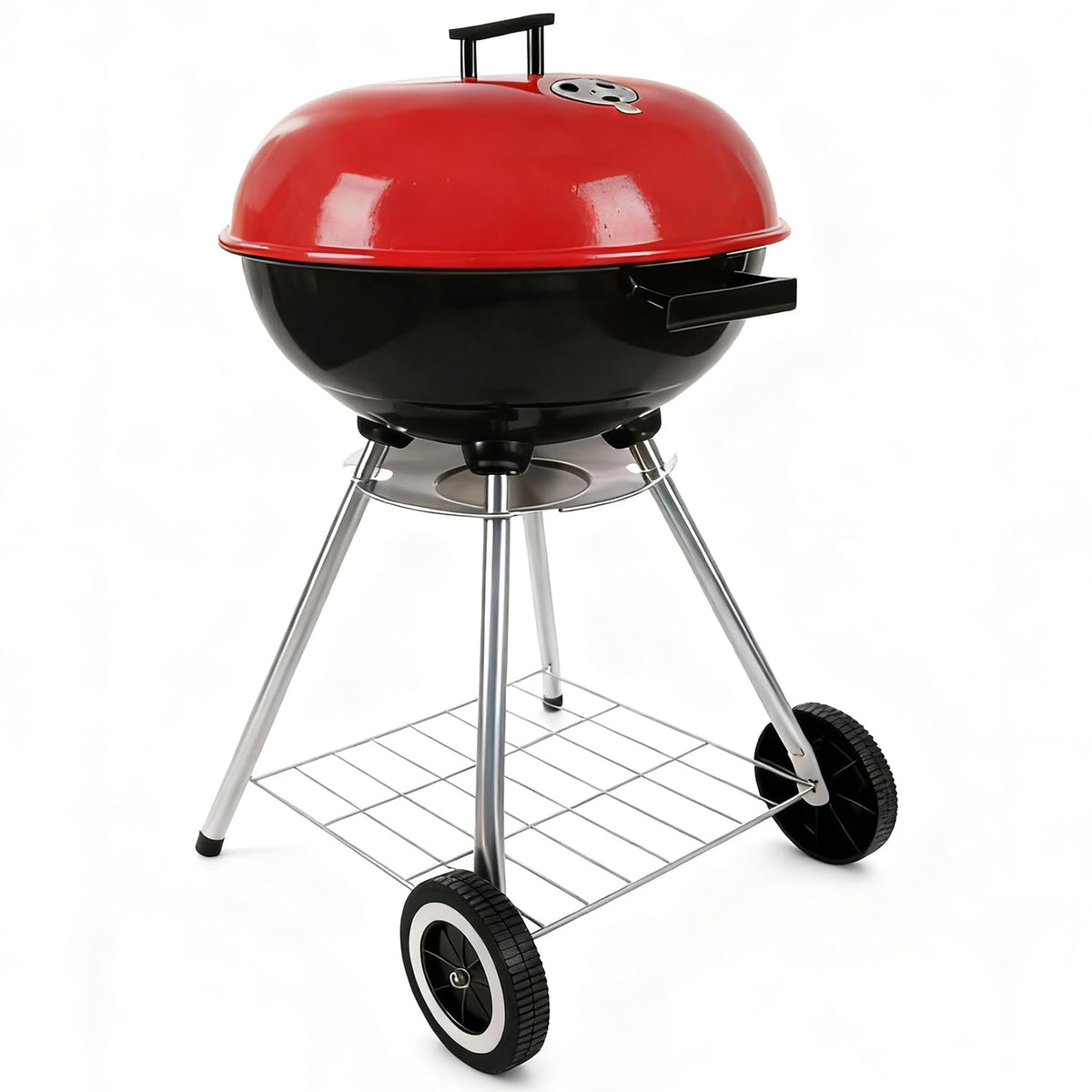 guogiyala front view of red 18-inch grill showing compact cooking surface and lid benefit: portable outdoor cooking