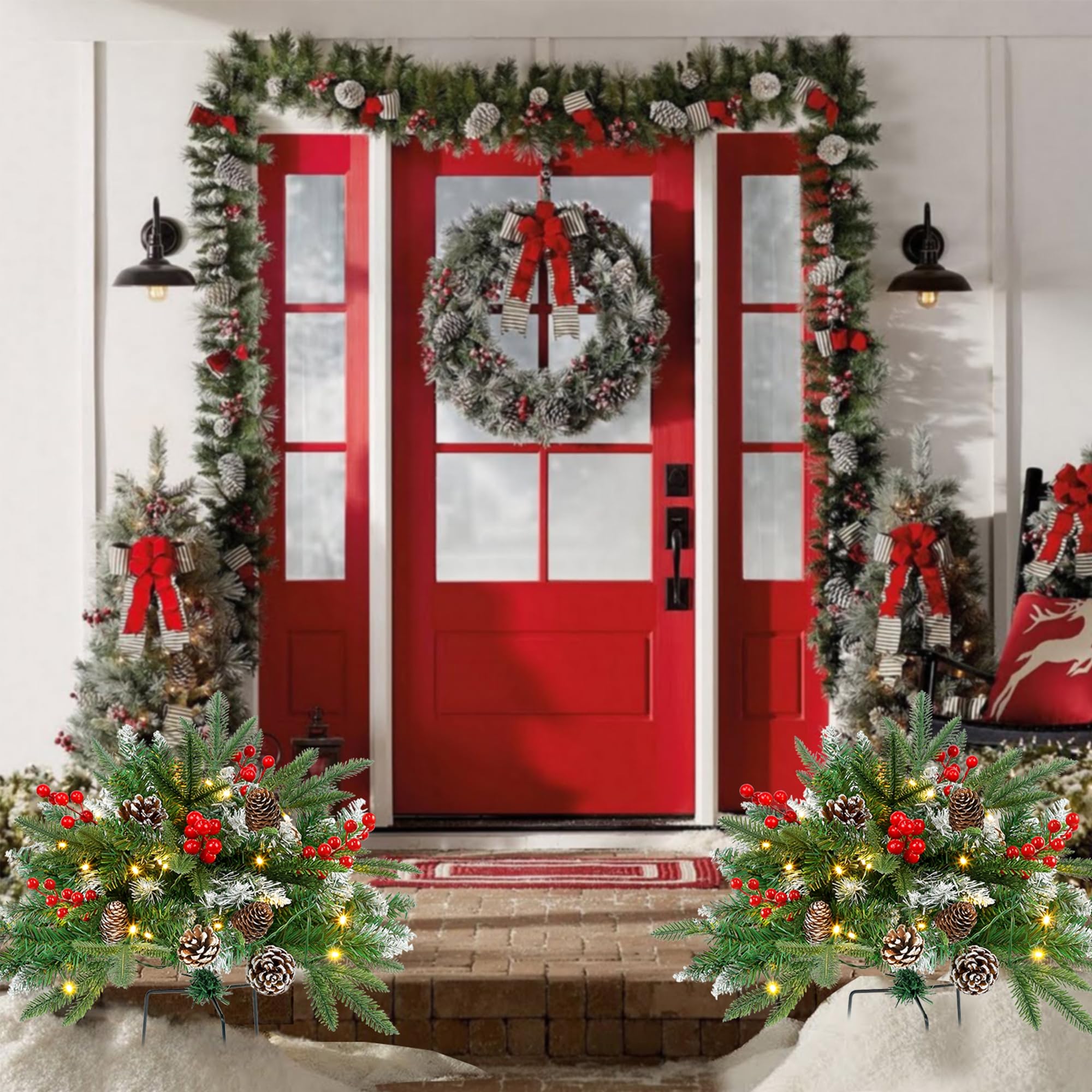 GUOOU trees flanking a front door enhancing entrance lighting and style