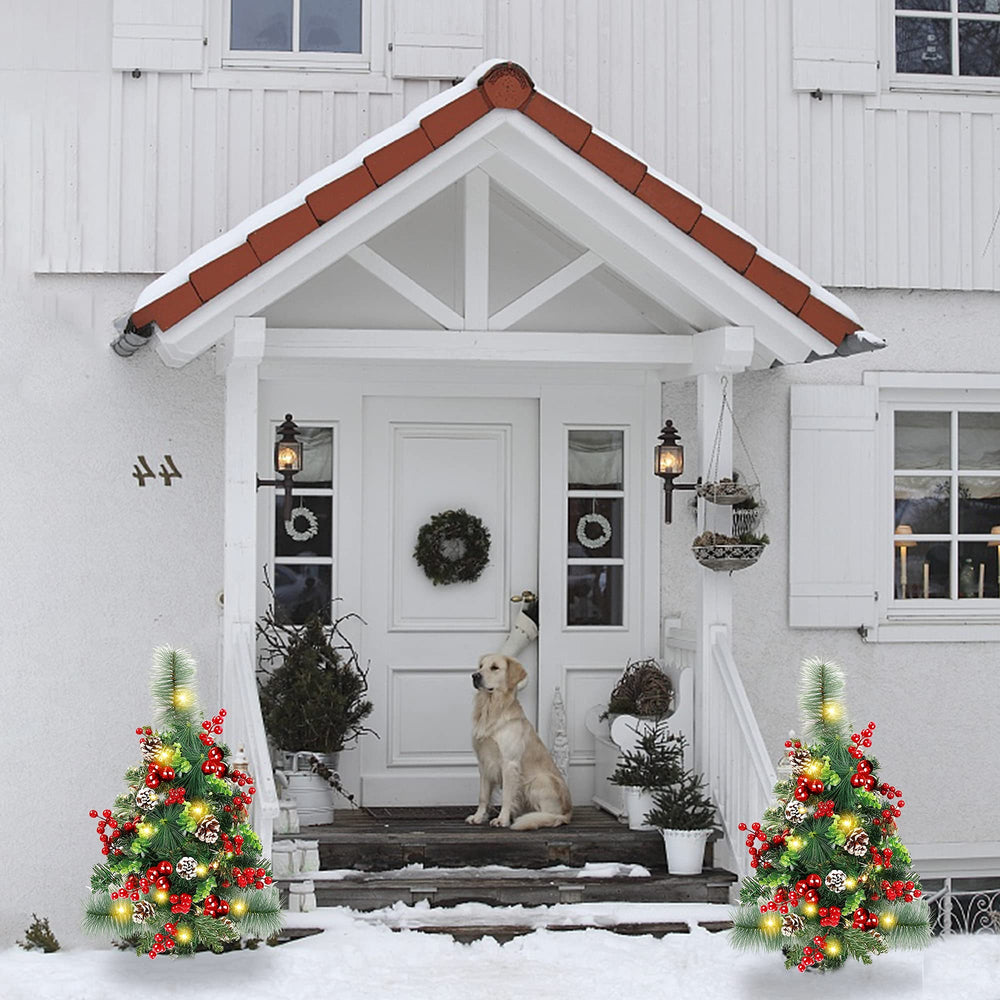 GUOOU paired trees used as urn fillers creating balanced holiday entry display