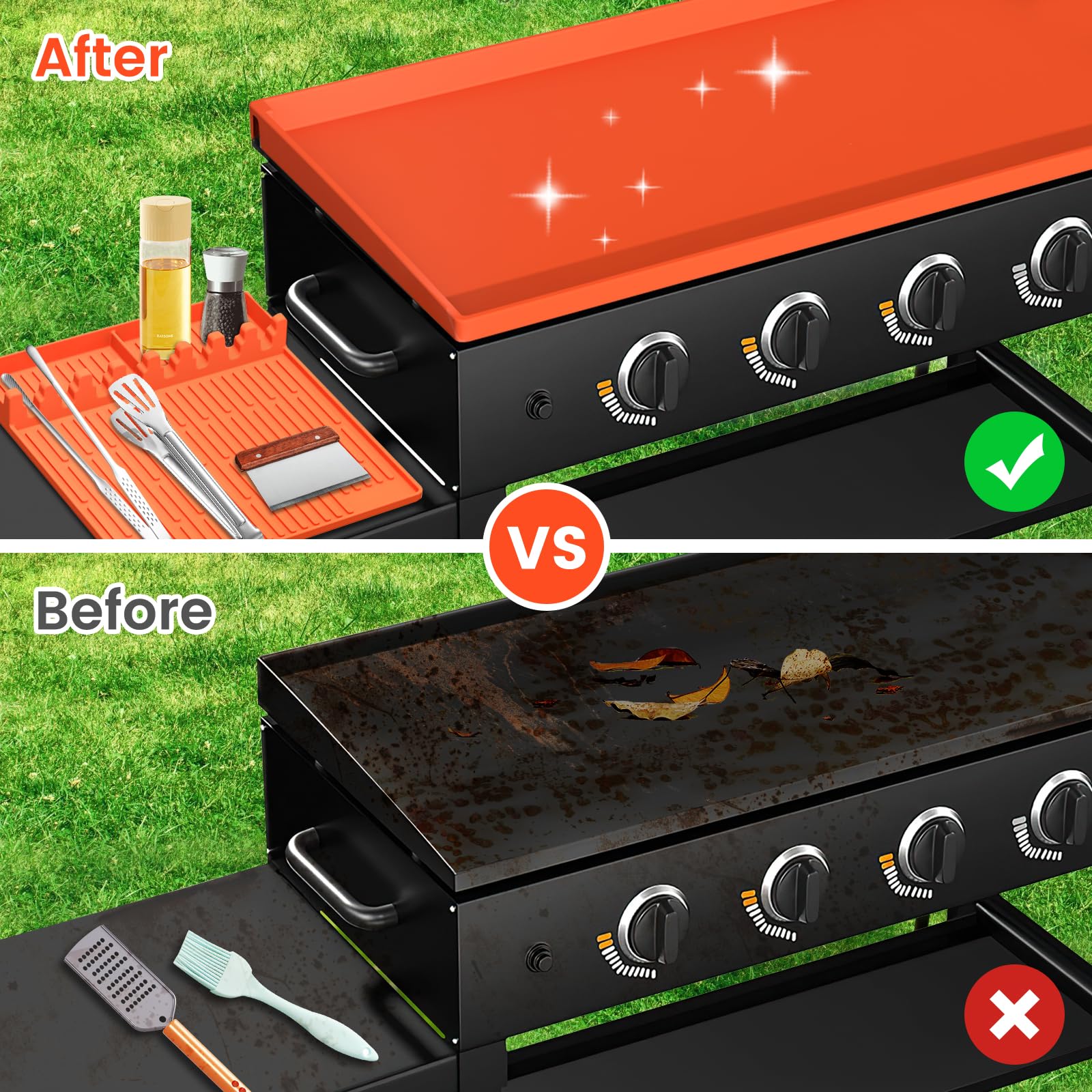 GUSOYO cover fitted on Blackstone griddle in use protecting surface from debris