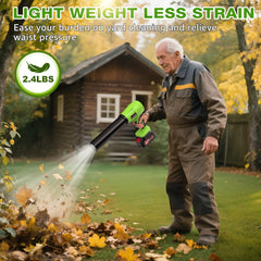 GustoneMas blower in use clearing leaves from a driveway for fast cleanup