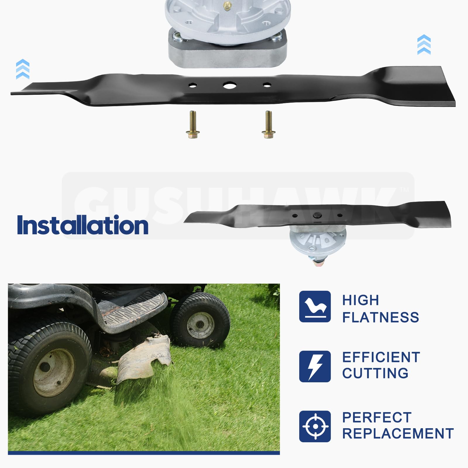 GUSUHAWK side profile highlighting lift angle for improved airflow and mulching