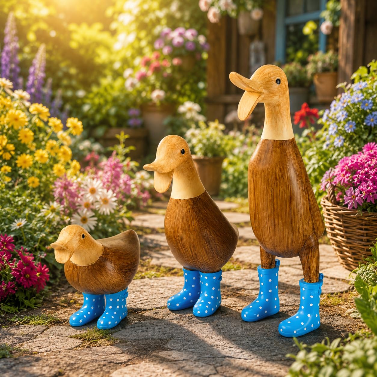 GUTE duck with boots detail on blue spotted wellies emphasizing playful style