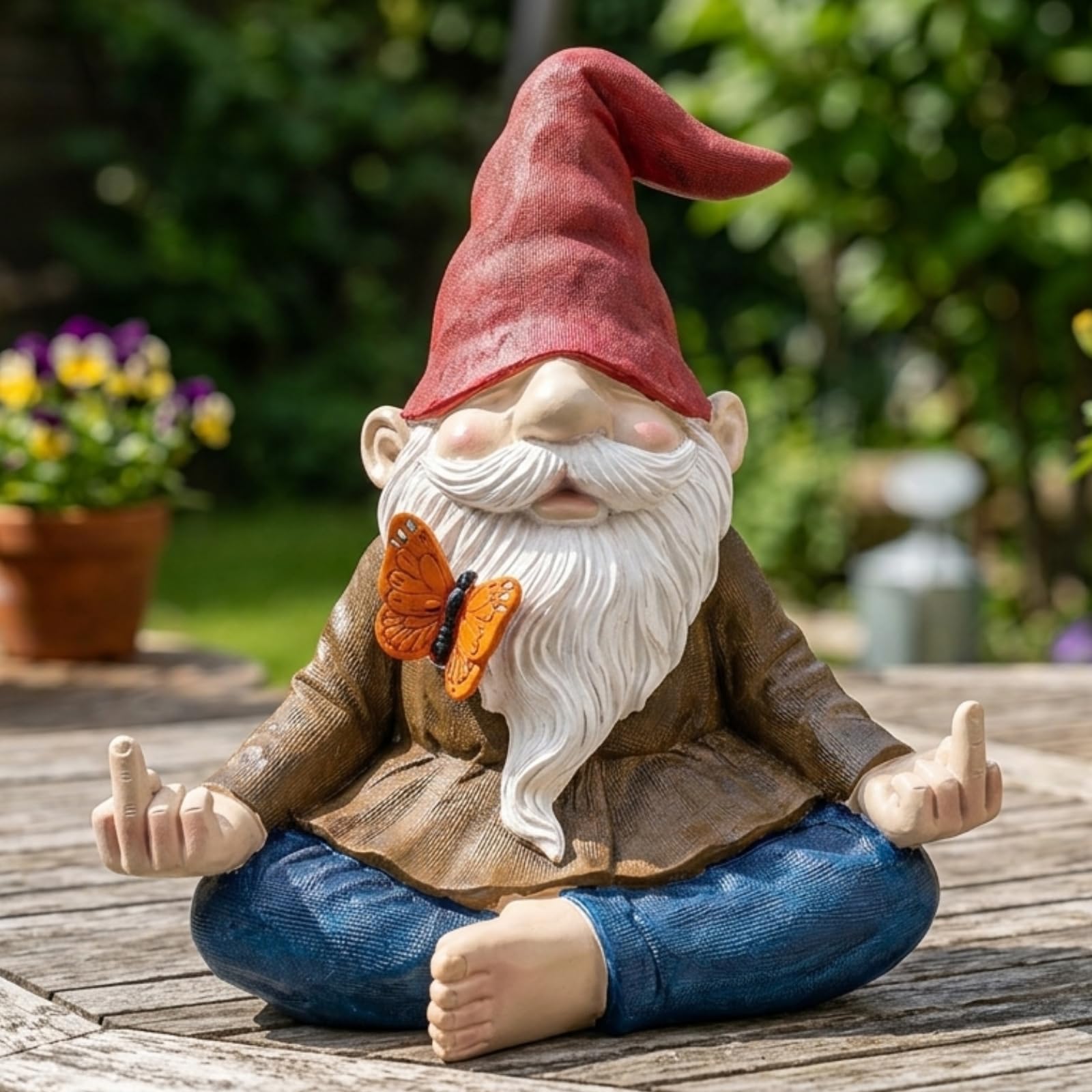 GUTE gnome placed among plants on a patio to add personality and charm